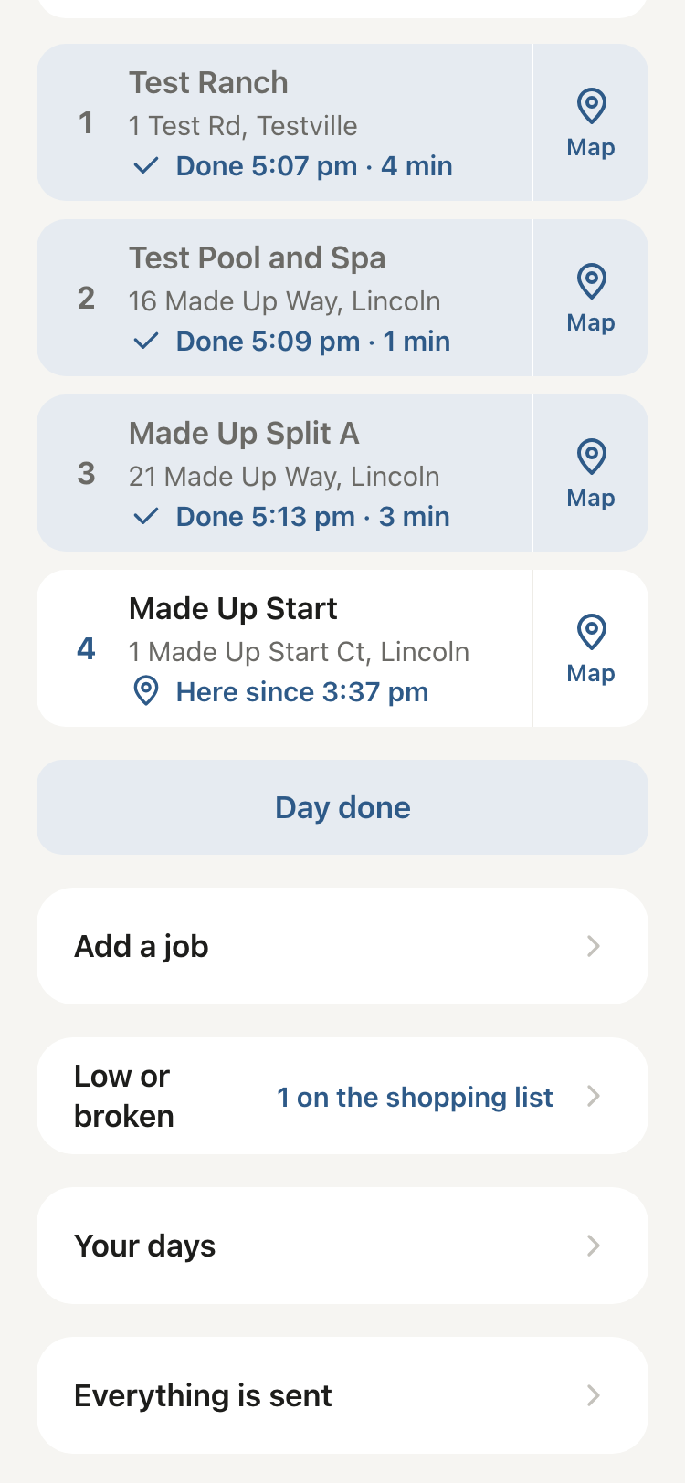 The tech’s Today: Saturday’s stops as a numbered list, each with its address and service level, the finished ones with the time they were left.